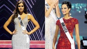 (L-R) MIAMI, Florida — Miss Colombia Paulina Vega, who won the Miss Universe title last night, during the evening gown segment of the pageant.  MIAMI, Florida — Miss Jamaica Kaci Fennell poses during the Miss Universe pageant in Miami last night. (PHOTOS: AP)