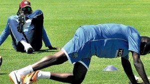 Nikita Miller stretches during West Indies training session at the Drummoyne Oval in Sydney, Australia, on Wednesday. (PHOTO: WICB MEDIA)