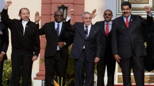 (L to R) Nicaraguan President Daniel Ortega, Saint Kitts and Nevis PM Timothy Harris, Cuban President Raul Castro, Antigua and Barbuda’s PM Gaston Browne, Venezuelan President Nicolas Maduro,