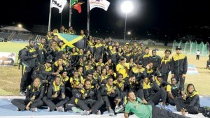 Members of Jamaica’s Carifta Games squad at the end of the 44th edition inside the Kim Collins Stadium in Basseterre, St Kitts