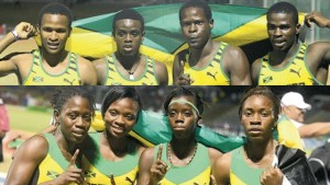 The Under-20 boys’ 4x400m relay (from left) Jaheel Hyde, Marvin Williams, Terry Thomas and Michael O’Hara pose with the flag at the end of their dominating contest & Members of Jamaica’s Under-20 4x400m relay team (from left) Yeaschea Williams, Andrenette Knight, Tiffany James, and Dawnalee Loney pose after winning the gold medal in 3 minutes, 37.96 seconds.