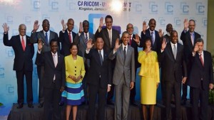 Prime Minister Portia Simpson Miller (third right, front row); President of the United States, Barack Obama (fourth left, front row); and CARICOM Heads of State and Government pose for an official photograph prior to the start of the Caribbean Community (CARICOM)-US Summit at the University of the West Indies, Regional Headquarters in St. Andrew today (April 9). Also pictured (third left, front row) is Chairman of CARICOM, and Prime Minister of The Bahamas, Perry Christie. (Credit: JIS) 