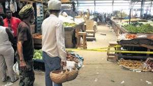 The scene inside Coronation Market, downtown Kingston where at least five people were shot and injured yesterday. (PHOTO: LIONEL ROOKWOOD)