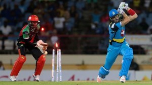 BOWLED: St Lucia Zouls’ Kevin Pietersen is clean bowled by St Kitt’s and Nevis’ Nikhil Dutta during the Hero Caribbean Premier League Twenty20 match at Beausejour Cricket Ground, Gros Islet, St Lucia, on Wednesday. --Photo: ASHLEY ALLEN/CPL