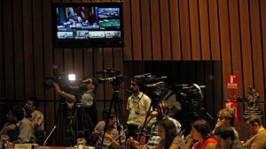 The UN Economic Commission for Latin America and the Caribbean (ECLAC) holds press conference at its headquarters in Santiago, Chile, to launch the Economic Survey of Latin America and the Caribbean 2015. Photo: ECLAC/Carlos Vera