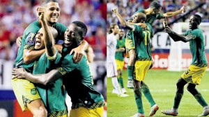 At last! After their historic win, Jamaica’s Joel McAnuff (top), Rodolph Austin (left), and Je-Vaughn Watson celebrate. (PHOTO: AP)