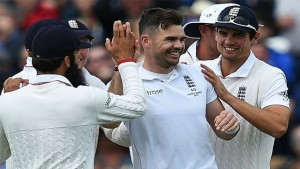 James Anderson (centre) celebrates bowling out Australia's Peter Nevill on the first day of the third Ashes test at Edgbaston, on July 29, 2015