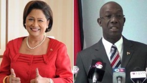 Prime Minister Kamla Persad-Bissessar (L) and Opposition Leader Keith Rowley