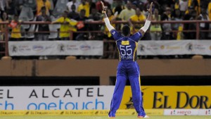 Kieron Pollard took two wickets in the last over, Guyana Amazon Warriors v Barbados Tridents. (Photo by Randy Brooks/CPL)