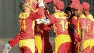 STAY UP ZIMBABWE: Zimbabwean players celebrate after beating India in their Twenty20 cricket match in Harare, Zimbabwe, on Sunday.