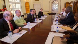 CARICOM chairman, Barbados Prime Minister Freundel Stuart (sitting right, at centre) told Venezuela’s vice president Jorge Arreaza (directly opposite Stuart) that Barbados and CARICOM said that Barbados stand by Guyana as that country seeks the best way to address the dispute.