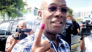 Trinidad and Tobago’s Prime Minister-elect Dr Keith Rowley shows his inked finger after voting in yesterday’s general election. Rowley led his People’s National Movement to victory over the Kamla Persad-Bissessar led People’s Partnership coalition.