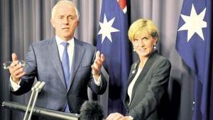 CANBERRA, Australia — Newly elected Australian Prime Minister Malcolm Turnbull speaks at a press conference with deputy leader Julie Bishop after ousting Tony Abbott in a leadership ballot in Canberra yesterday.