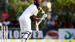 The bat of opener Kraigg Brathwaite breaks in two during his brief appearance at the crease. West Indies face an uphill battle at 66 for two chasing 484. (WICB media)