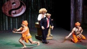 Mexican comics, one of them dressed as U.S. Republican presidential candidate Donald Trump (front C), poke fun at the candidate during the show entitled "Sons of Trump" at the Aldana theater in Mexico City, Mexico October 3, 2015. 