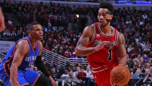 Derrick Rose's face still requires protection from a mask but his feet are just fine as evidenced by this drive past Russell Westbrook (left) and Rose's 29 points in the Bulls' win over the Thunder on Thursday night.