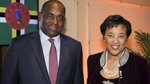Prime Minister Roosevelt Skerrit (L) and British Baroness Patricia Scotland of Asthal