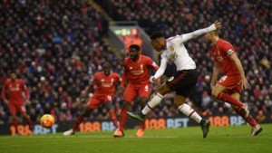 Manchester United’s French striker Anthony Martial (second right) flashes a shot wide during the English Premier League football match between Liverpool and Manchester United at Anfield in Liverpool, north-west England, yesterday.