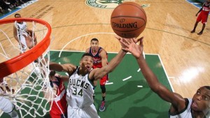 Milwaukee, WI - FEBRUARY 11: Giannis Antetokounmpo #34 of the Milwaukee Bucks and Khris Middleton #22 of the Milwaukee Bucks go after a rebound against the Washington Wizards on February 11, 2016 at the BMO Harris Bradley Center in Milwaukee, Wisconsin. (Photo by Gary Dineen/NBAE via Getty Images)