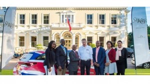 Alicha Warner, Sales Mgr, St. Kitts Marriott Resort; Greg Phillip, CEO of the Nevis Tourism Authority; Hon. Lindsay F.P. Grant, Minister of Tourism, International Trade, Industry & Commerce; Paul Burnham, Managing Director of Barmy Army Ltd; Nick Menon, Chairman of the Board of Directors, St. Kitts Tourism Authority; Racquel Brown, CEO of the St. Kitts Tourism Authority and Geisel Hazel Powers, Travel Industry Sales Manager, Four Seasons Resort, Nevis.