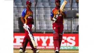 Shimron Hetmyer (right) and Tevin Imlach during their 77-run partnership against Pakistan in the ICC Youth Cricket World Cup on Sunday.