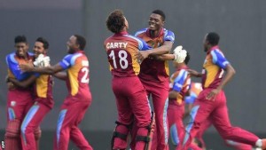 Men of the moment: Antigua & Barbuda’s bowling sensation Alzarri Joseph is the first to congratulate man-of-the-match Keacy Carty after the West Indies under-19s beat India yesterday to lift the ICC Youth Cricket World Cup yesterday. Joseph paved the way for the victory charge with an impressive spell of bowling, while Carty sealed the win with an unbeaten half-century.