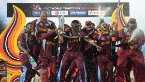 West Indies cricketers celebrate their victory in the ICC Twenty20 Cricket World Cup's final match against Sri Lanka at the R. Premadasa International Cricket Stadium in Colombo on October 7, 2012