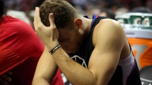  Portland, OR, USA; Los Angeles Clippers forward Blake Griffin (32) reacts in the closing minutes in game four of the first round of the NBA Playoffs against the Portland Trail Blazers at Moda Center at the Rose Quarter.  