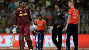 Marlon Samuels and Ben Stokes exchange words