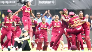 West Indies cricketers celebrate after winning the World T20 cricket tournament women’s final against Australia at The Eden Gardens Cricket Stadium in Kolkata, India, yesterday.