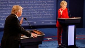 Republican nominee Donald Trump (left) and Democratic nominee Hillary Clinton exchange during the first presidential debate at Hofstra University in Hempstead, New York on September 26, 2016