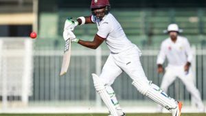 West Indies batsman Darren Bravo plays a shot on the third and final day of the tour match against Pakistan Cricket Board Patron’s XI at the Sharjah Cricket Stadium in the United Arab Emirates, yesterday. 