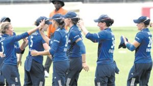 England Women celebrate victory against West Indies Women to clinch their five-match ODI series 3-2 at Sabina Park yesterday.