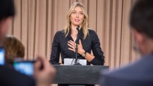 Russian tennis player Maria Sharapova speaks at a press conference in downtown Los Angeles, California yesterday.