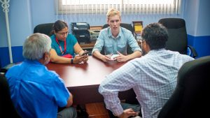 Thomas Langerak, PhD student at Erasmus Medical Centre, Holland, (second from right), demonstrates the use of the new Caribbean database for Guillain-Barré Syndrome to (L-R) Dr Azad Esack, Consultant, Neurologist, Eric Williams Medical Sciences Centre, Mount Hope (EWMSC); Dr Sherry Sandy, Lecturer in Adult Clinical Medicine at The University of the West Indies, St Augustine (UWI); and Dr Avidesh Panday, Consultant, Neurologist, EWMSC, Mount Hope.