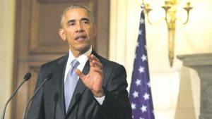 US President Barack Obama holds a press conference with the Greek prime minister (not seen) after their meeting at the Maximos Mansion in Athens yesterday. 