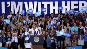 FLORIDA, USA — President Barack Obama speaks during a campaign rally for Democratic presidential candidate Hillary Clinton, at Florida International University, yesterday in Miami.