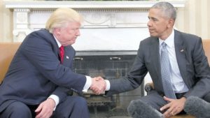 WASHINGTON, DC, United States — US President Barack Obama shakes hands with Republican President-elect Donald Trump after their meeting on transition planning in the Oval Office at the White House yesterday.